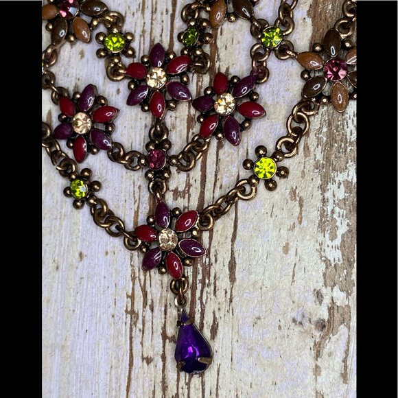 VTG Multi-Chain Crystal & Enamel Flowers Necklace w Purple Crystal Dangle - Picture 2 of 9